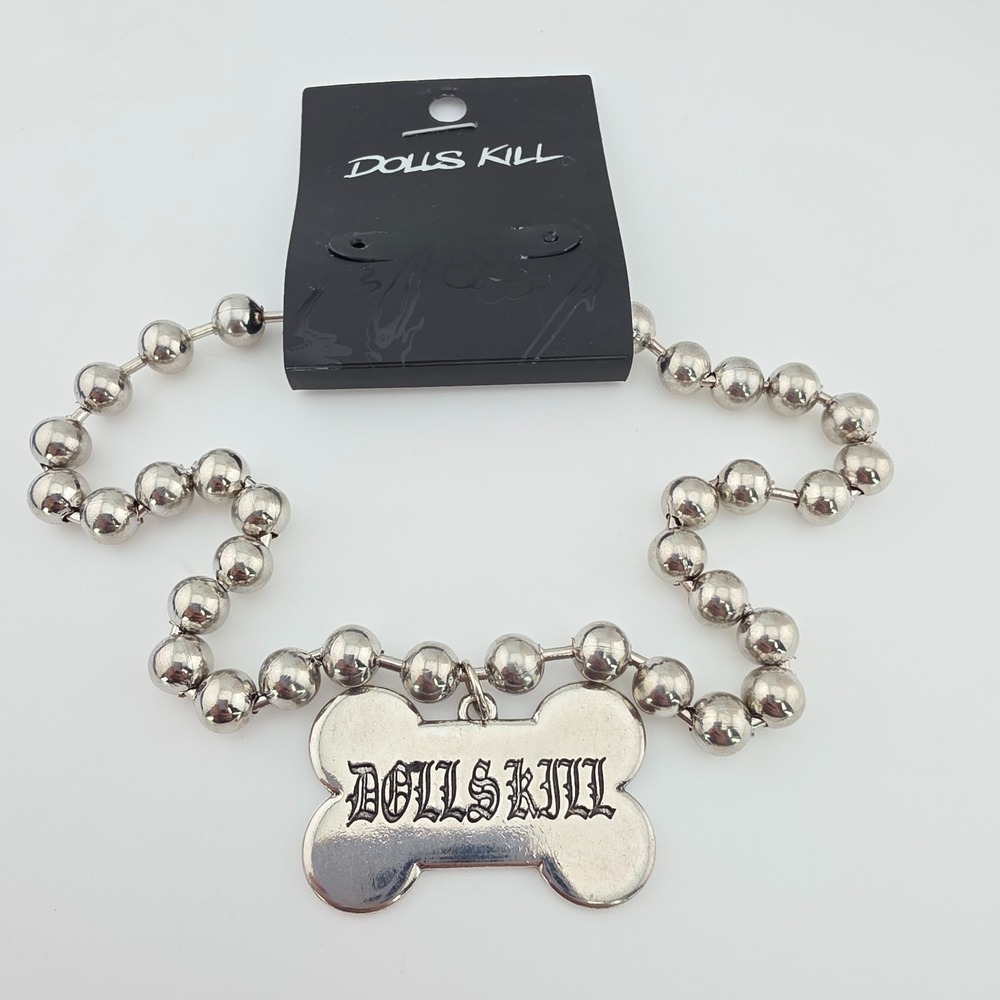 New w Tag! DOLLS KILL Dog Tag Necklace Engraved Bone Ball Chain Silver Tone 16"